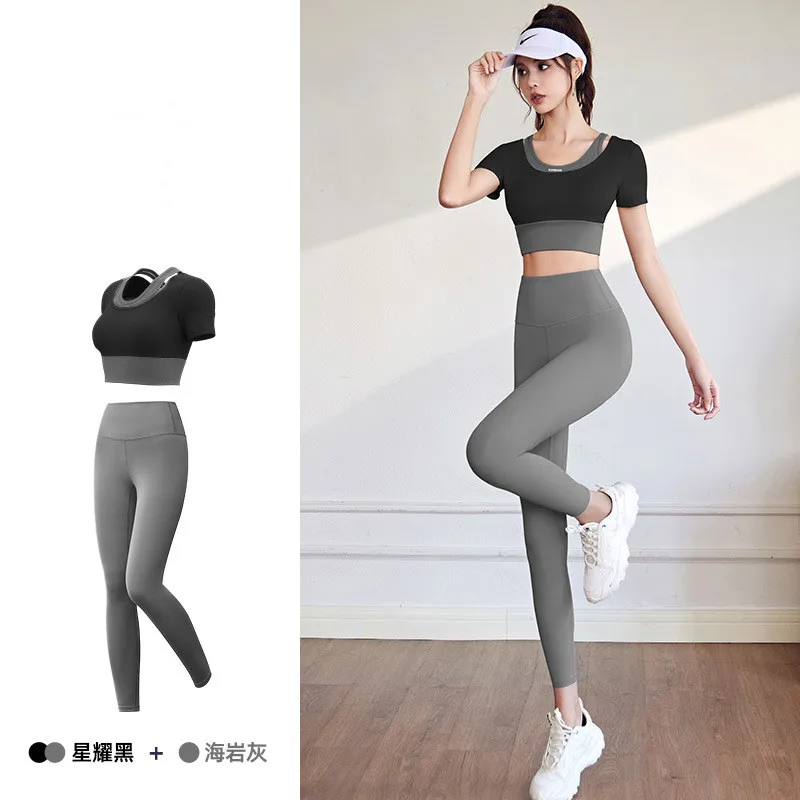 Chest Pad T Shirt+Leggings Women Yoga Two Piece Set Quick Dry Fitness Gym Crop Top Tracksuits Sportswear Running Clothing