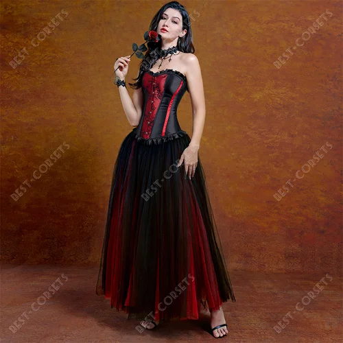 Imagen 2 del producto Corsé rojo con vestido, vestidos sexis con corsé para mujer, falda con corsé gótico de talla grande, vestido Maxi de malla de noche para fiesta con corsé