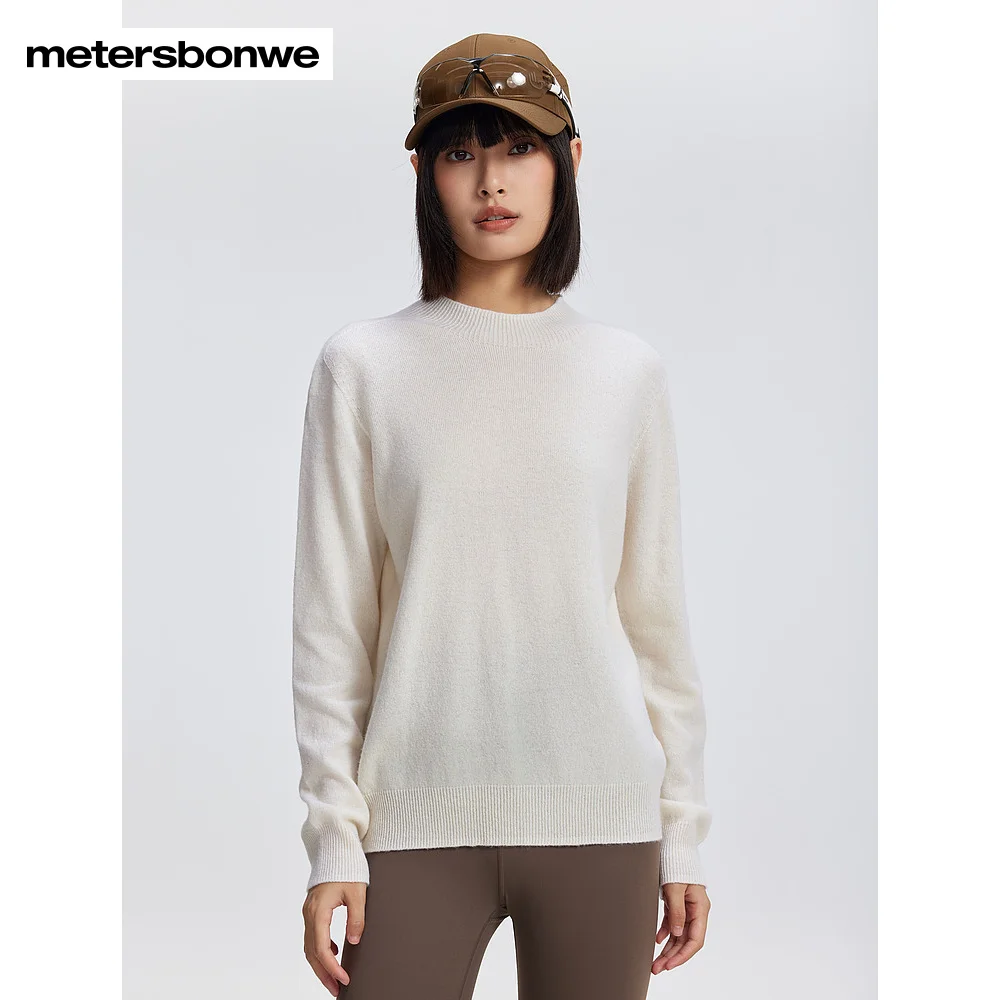 Metersbonwe-Suéter feminino 100% lã com gola redonda, pulôver macio de manga comprida, cor sólida, roupa quente para inverno