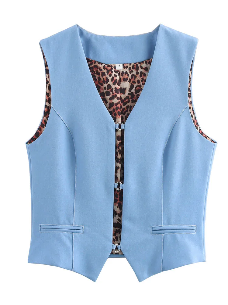 KAOPU ZA Women circular buckle denim vest top vintage v-neck sleeveless female waistcoat chic tops