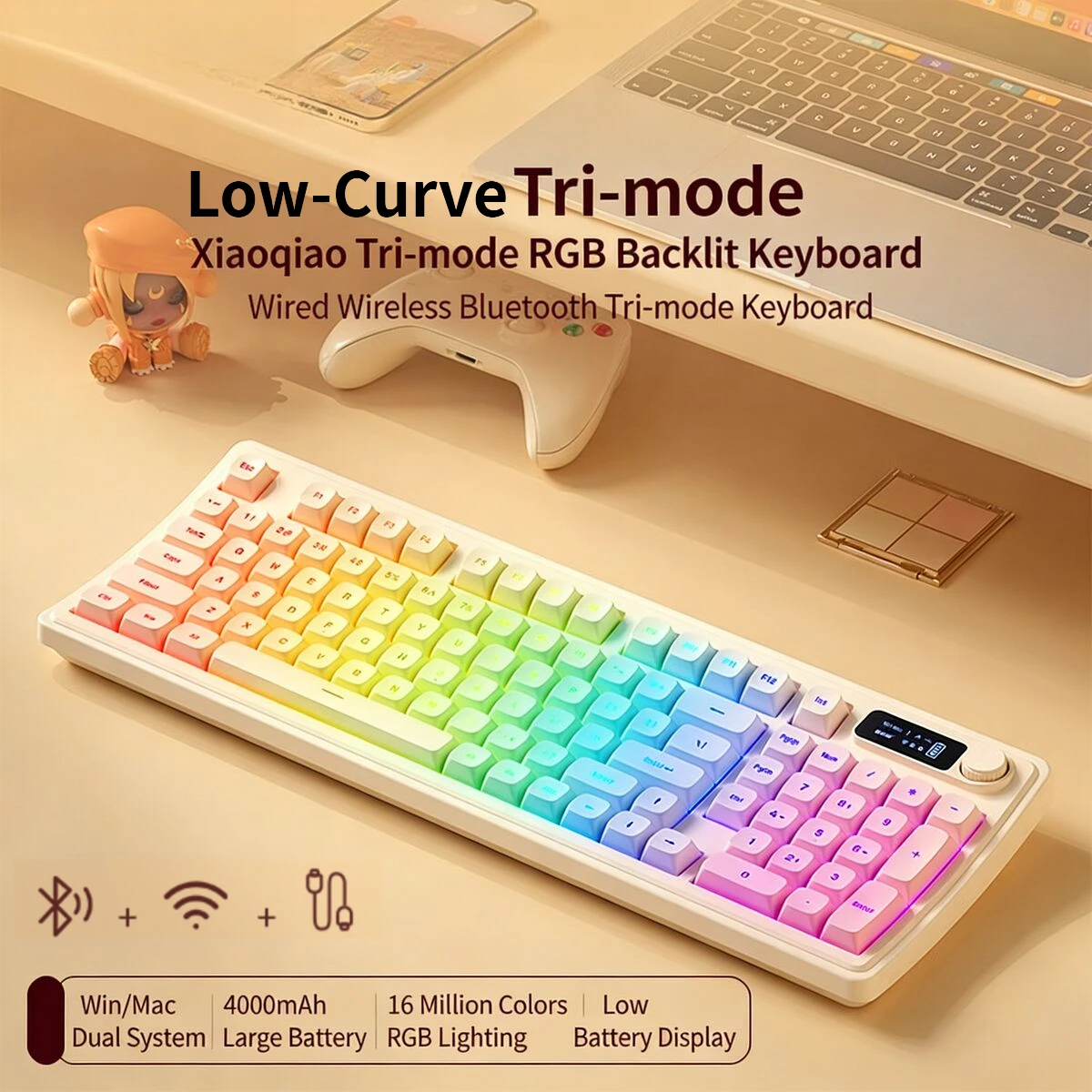 Low-Curve Ergonomic Tri-Mode Wireless Keyboard Wired+2.4G+Bluetooth RGB Backlight Power Display Multi-Knob for PC Laptop Tablet