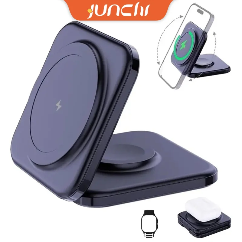 

15W Magnetic Wireless Chargers 2 in 1 Qi Charging Station Foldable Phone Holder Stand for iPhone 15 14 13 12 Apple Watch Airpods