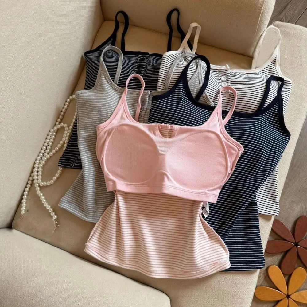 High Quality Cotton Striped Camisole Breathable Solid Color Push Up Bra Lace Trim Underwear with Chest Pad