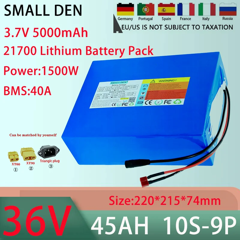 New 36V 45AH 10S9P 21700 lithium battery pack With 40A BMS 100-1500W high-power rechargeable battery+42V 5A charger