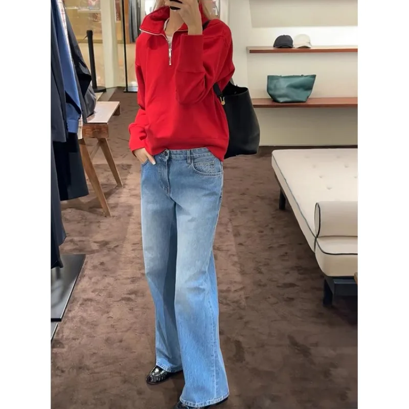 LUXURY Chinese Red Guard Stand Up Collar Zipper Thread Top, Extremely Simple Style Long Sleeve Jacket, 2024 Autumn/Winter