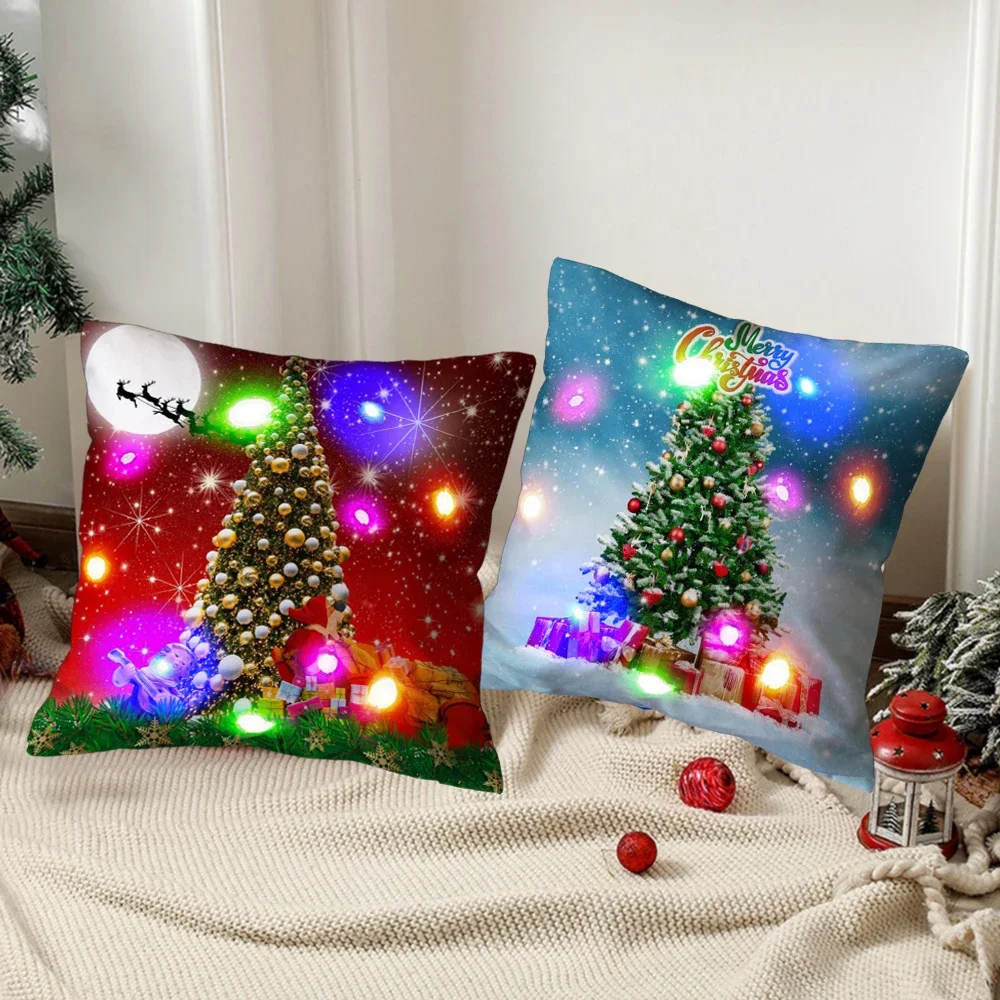 LED Light Christmas Tree Pillow Cushions Cover Elk Snowflake Xmas Lantern Christmas Glow Pillowcase Winter Holiday Decoration