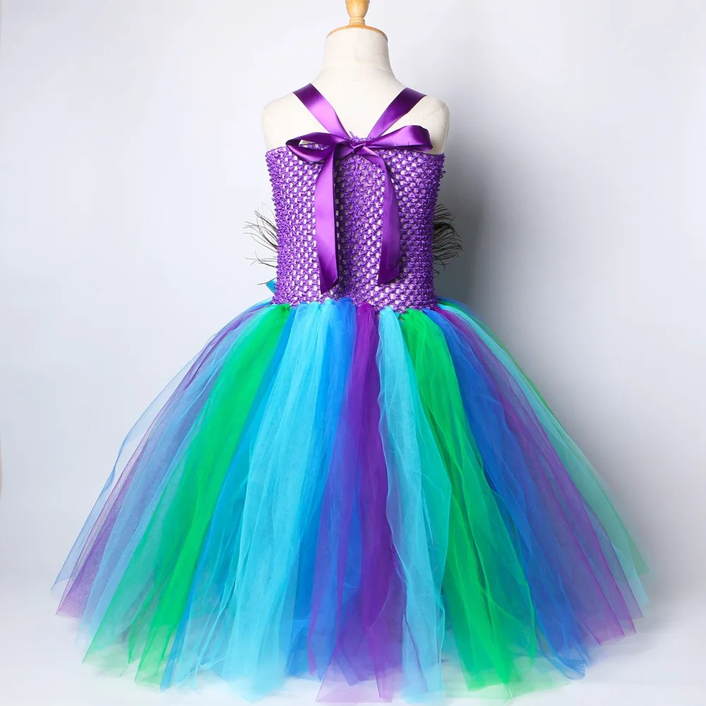 2024 New Peacock Princess Dress Children\'s Mesh Puff Dress Dress Girls Dance Performance Costumes and Hairbands