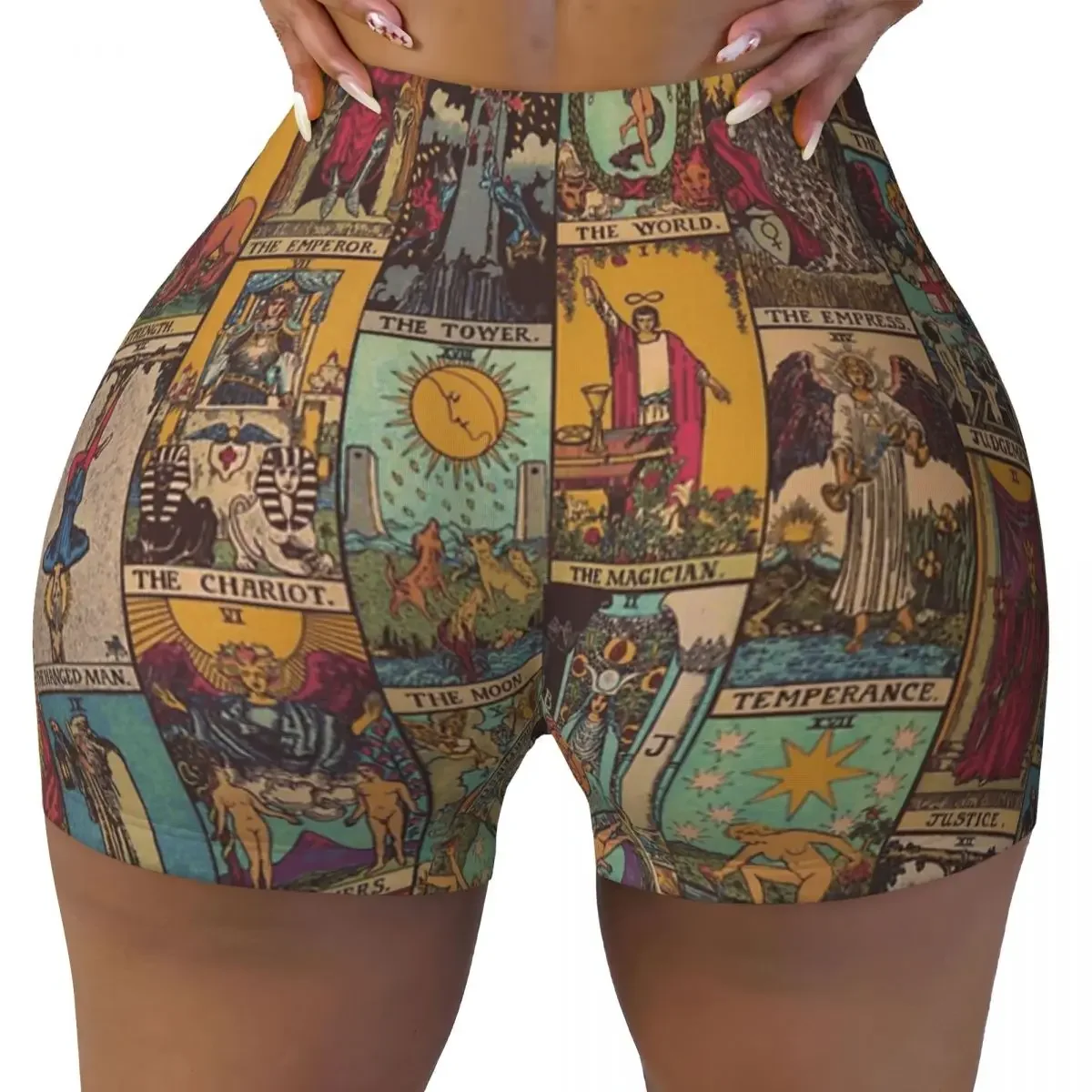 Custom The Major Arcana Of Tarot Vintage Patchwork Women Gym Workout Running Shorts Athletic Volleyball Biker Yoga Shorts