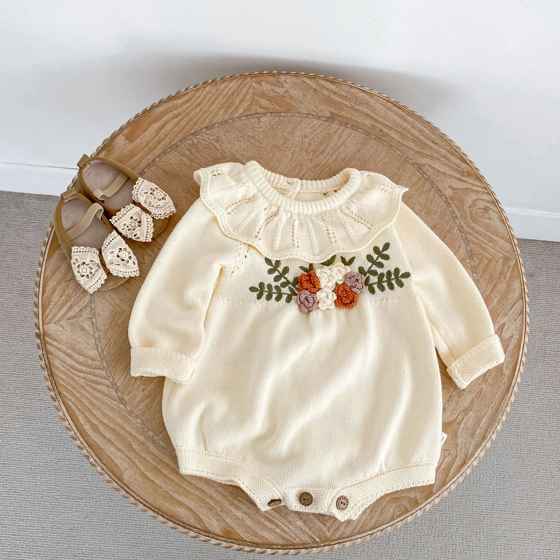 2026 Autumn New Baby Long Sleeve Knitted Bodysuit Infant Girl Flower Embroidery Ruffle Collar Princess Jumpsuit Newborn Clothes