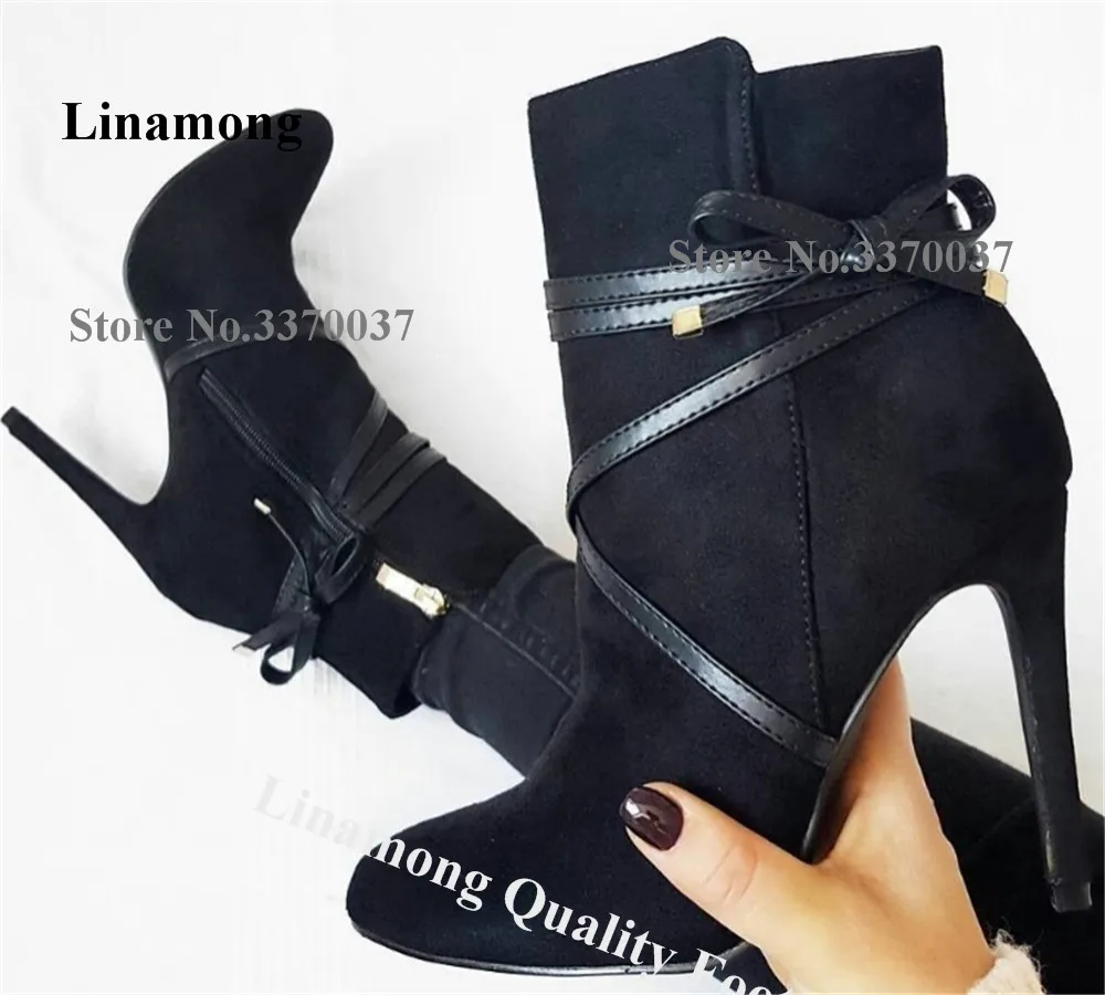 Linamong Elegante kurze Stiefel aus schwarzem Wildleder mit Riemen und Stilettoabsatz, runde Zehenpartie, Reißverschluss, dünner Absatz, Stiefeletten, große Absätze