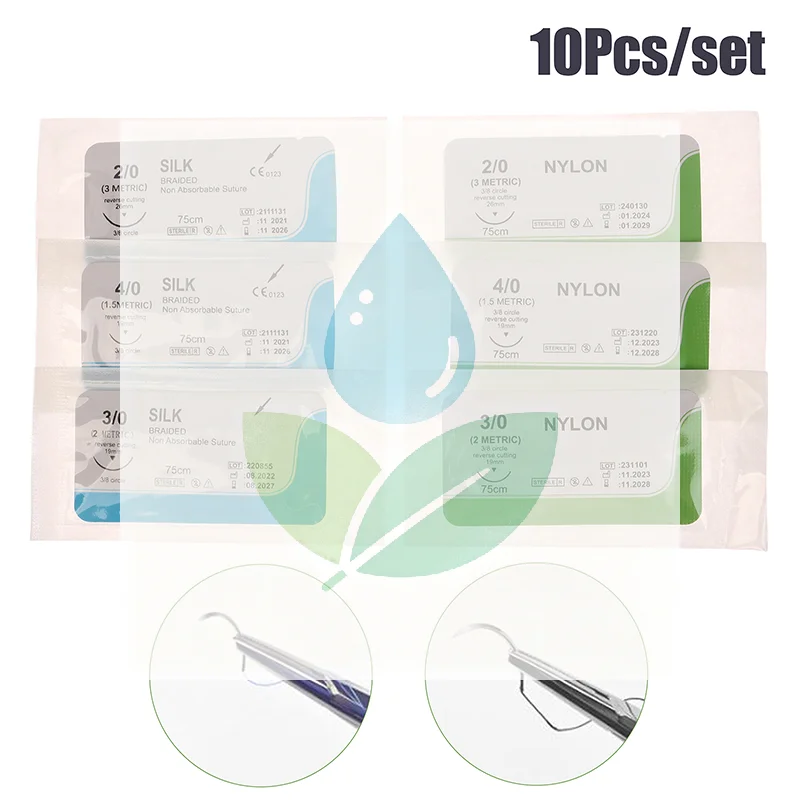 Silk Nylon Monofilament Suture Practice Kit 2.0/3.0/4.0 Thread Needle Surgical Training Set For  Student Dentist 10Pcs