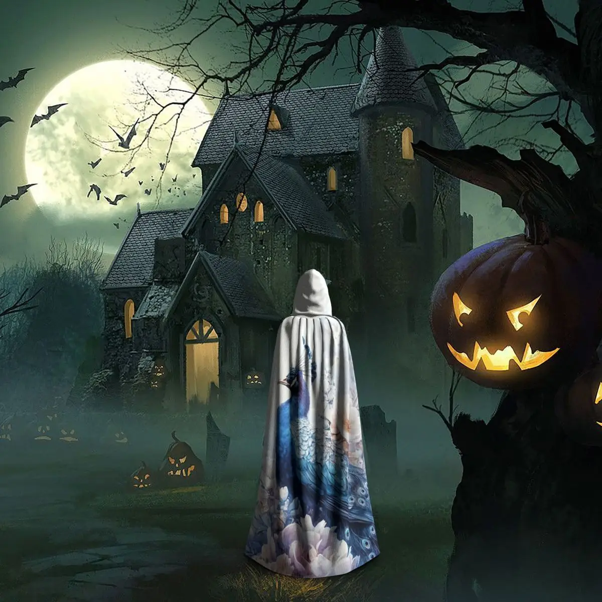 Regal Peacock Nestled Among Delicate Flowers Long Hooded Cloak Witch Medieval Costume Cosplay Cape HalloweenCoat Adult Unisex