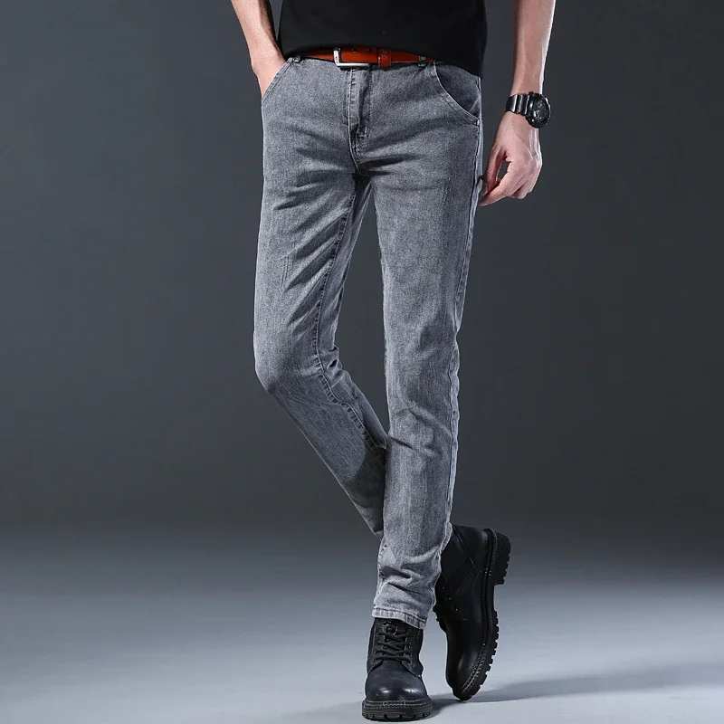 TPJB New Style Men's Slim Fit Jeans Korean Style Comfortable Straight Leg Elastic Gray Mid Waist Pants, Men's Casual Denim Pants