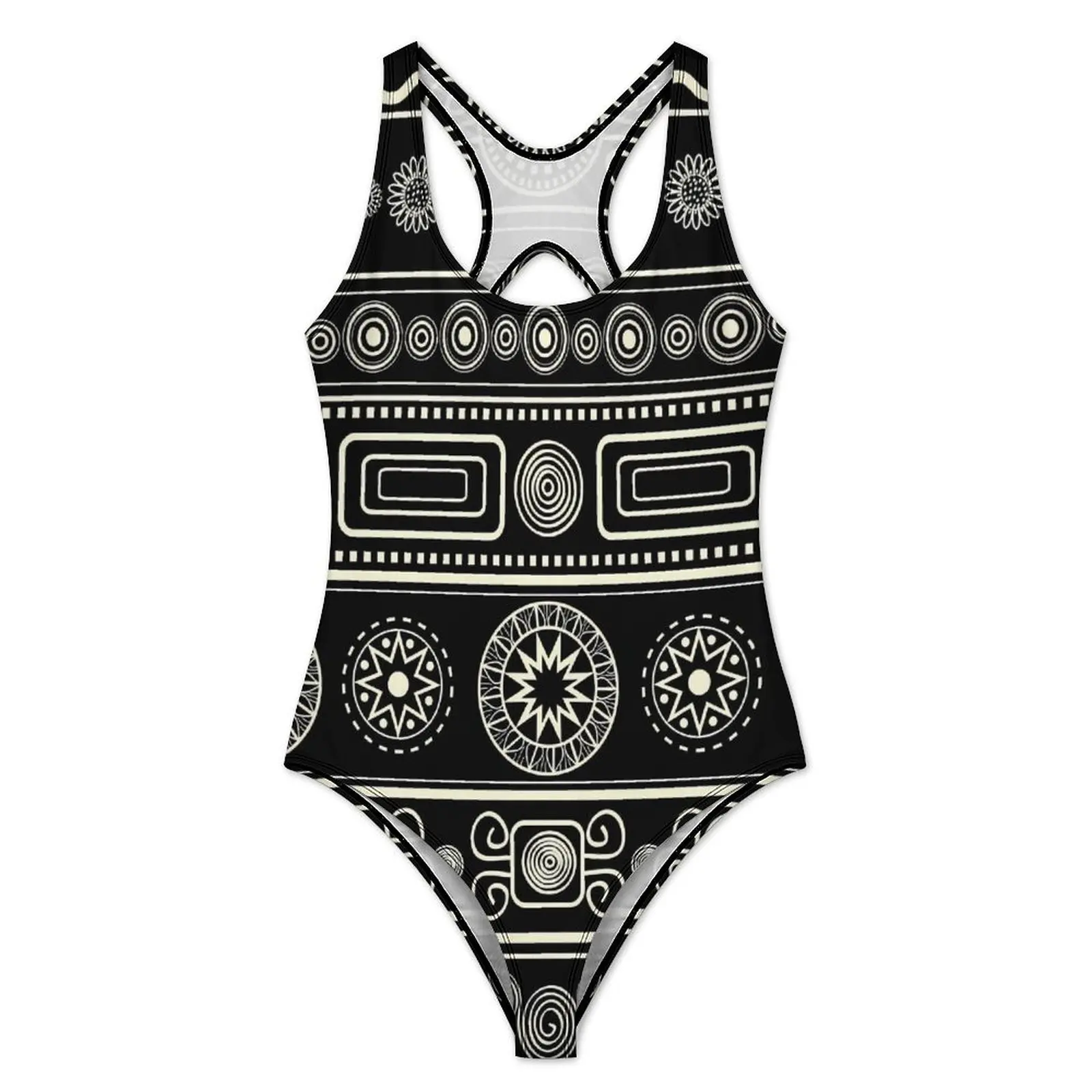 Vintage Ethnic Swimsuit Sexy Black And White One Piece Swimwear Push Up Bodysuit Fantasy Holiday Rave Beach Outfits