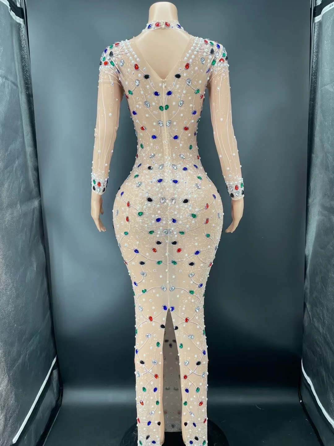 Nude Gauze Shining Rhinestones Pearls Sexy Long Sleeves Split Dress For Women Evening Ballroom Clothing Celebrity Costumes