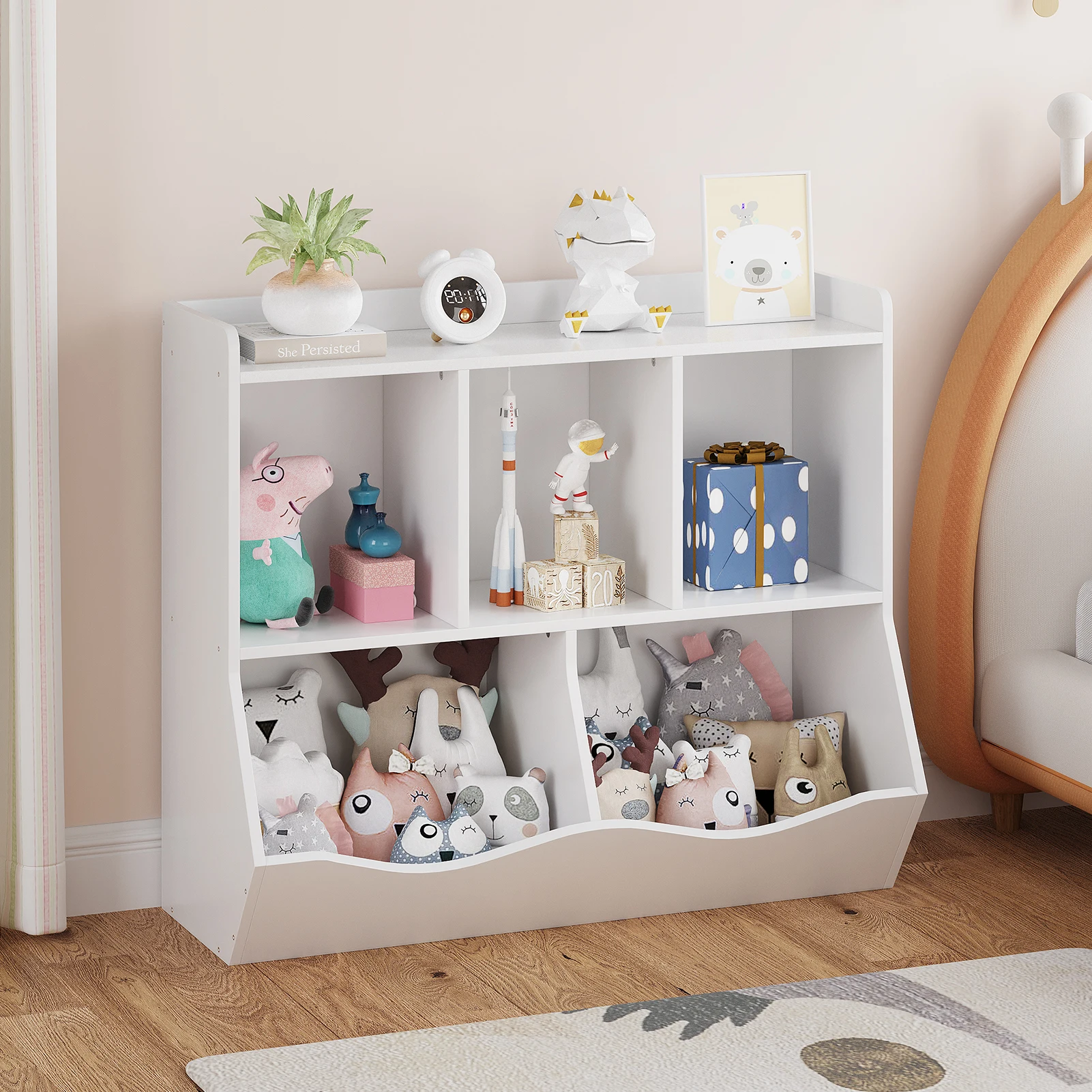 Kids Bookshelf & Toy Storage Organizer, 5-Cubby Wooden Bookcase with Multiple Shelves, Toy Cabinet for Playroom, Bedroom, Nursery, School, Hallway - Rustic Brown or White