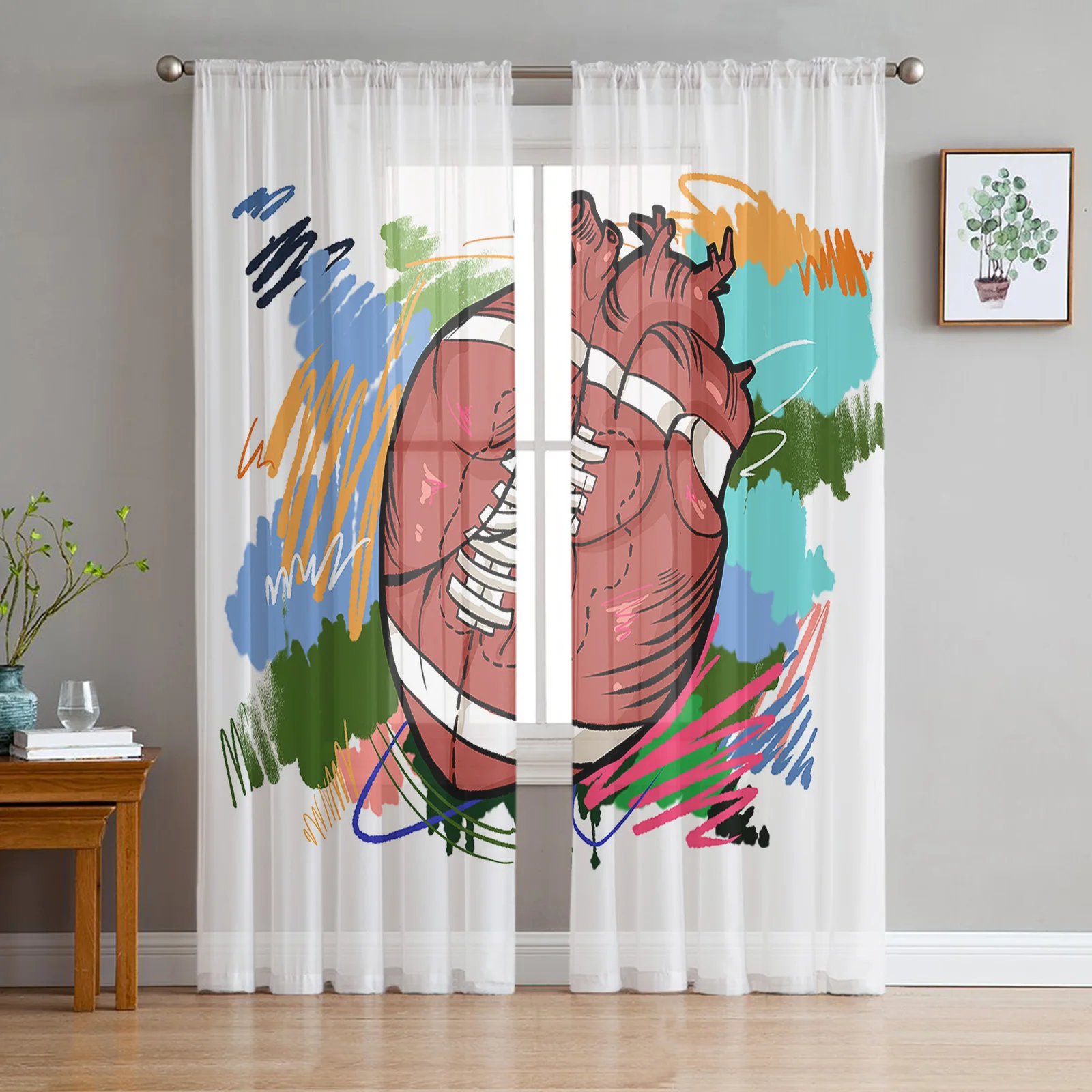 Sports Rugby Heart Graffiti Sheer Curtains For Living Room Window Long Tulle Curtain Bedroom Kitchen Decoration Voile Drapes