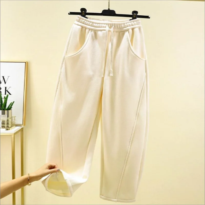 Pantalones holgados de vellón para mujer, pantalón informal de pierna ancha y terciopelo grueso, cálido, invierno, 2024