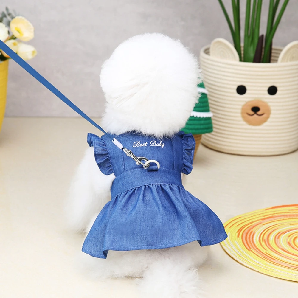 Small Dog Dress With D-Ring Denim Dog Skirt Soft Tractable Jean Dress for Female Dog Apparel Doggie Sundress Pet Clothes