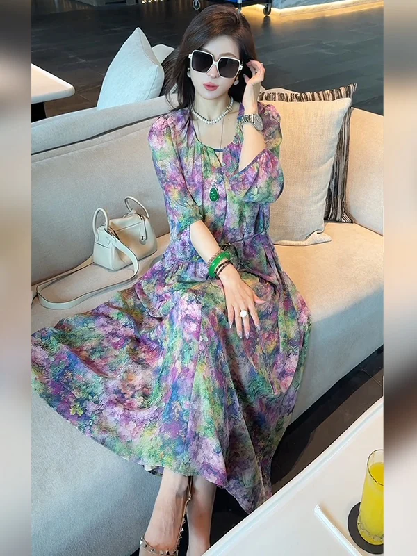 

Летнее платье с цветочным принтом, с завышенной талией, А-силуэт, повседневное, свободное, с круглым вырезом, цельное, женское