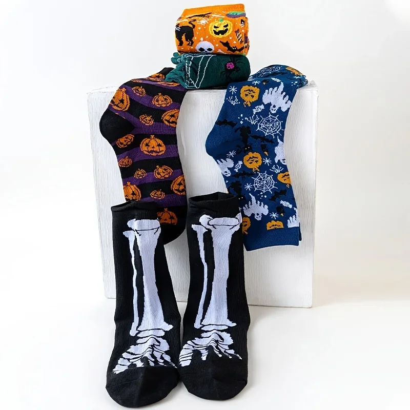 5Pairs Halloween Novelty Socks Men Women Funny Pumpkin Ghost Skeleton Spider Cat Print Mid‑Calf Socks Holiday Party Cosplay Sock view 4