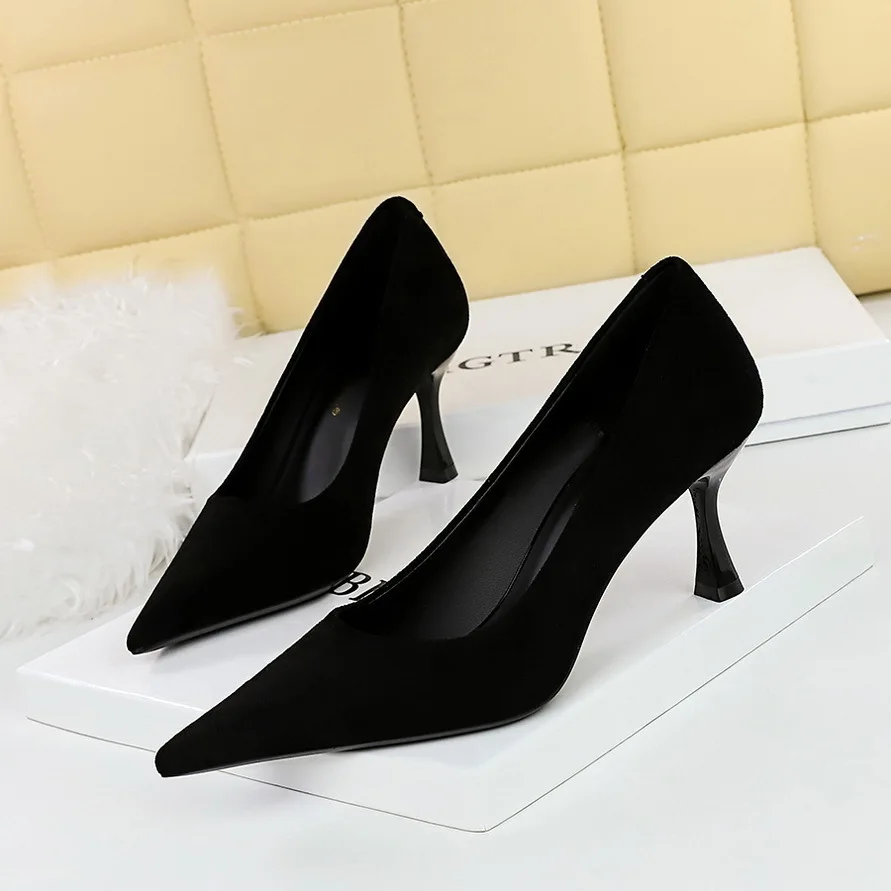 Women Pumps Style Fashion And Minimalist Slimming Wine Glasses High Heels Shallow Mouthed Pointed Suede Women's Singles Shoes