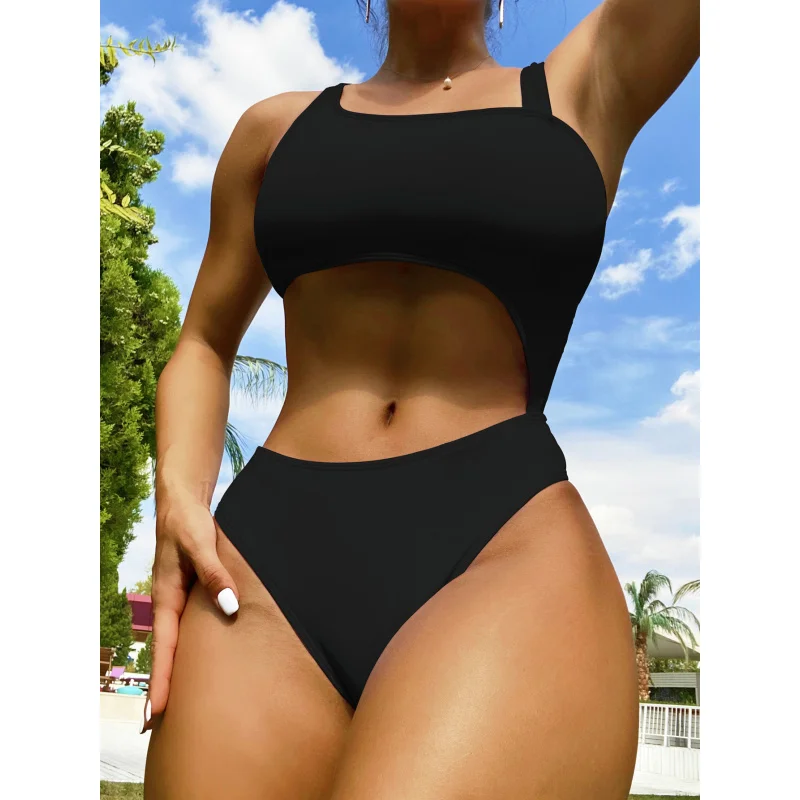 Chic Double New One-Piece Swimsuit Sexy Bikini Swimsuit Women Hollow out Swimwear Solid Colorbikini6490