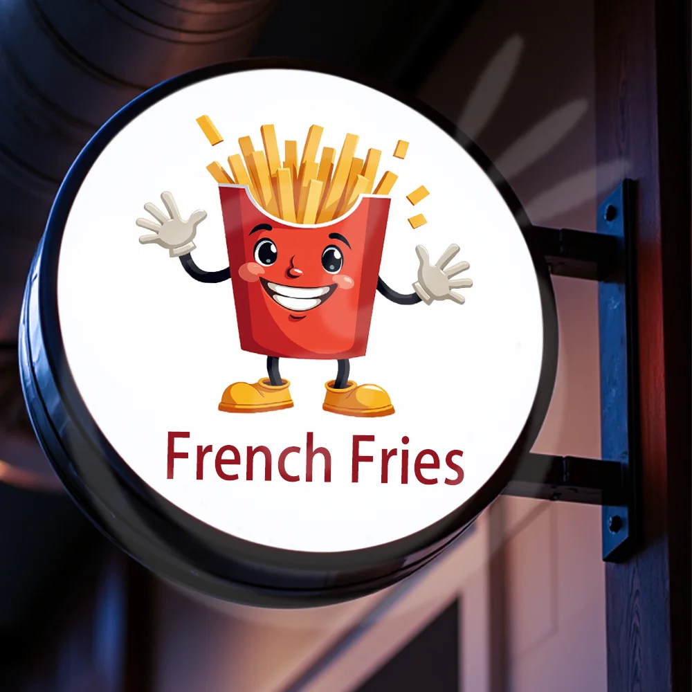 กล่องไฟ LED อะคริลิคทรงกลมแบบกำหนดเอง รูปทรงเฟรนช์ฟรายส์ สำหรับติดตั้งหน้าร้าน กันน้ำ สองด้าน ป้ายธุรกิจสำหรับภายนอกอาคาร ติดผนัง