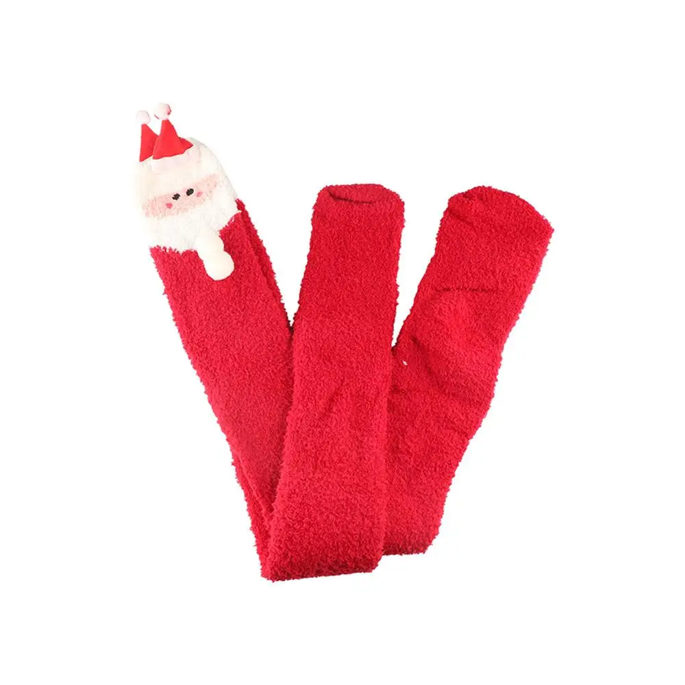 Simple Bow Santa Claus Elk Christmas Gift Stripe Coral Fleece Cotton Calf Socks Ladies Hosiery Christmas Stockings Floor Socks