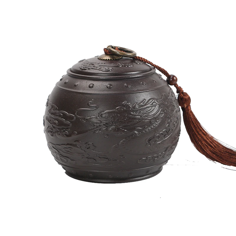 Vintage Purple Clay Tea Caddy Large Round Ceramic Storage Tank Sealed Pu\'er Tea Box Dragon Series Tea Container Jars With Tassel