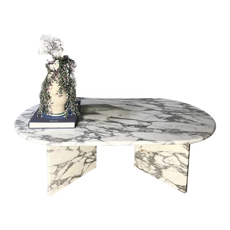 

Light luxury high-end sense natural large flower white marble oval coffee table living room designer tea table