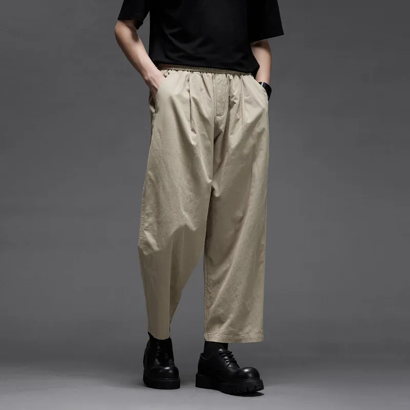 High Quality Cotton Linen Minimalist Style Japanese-Style Retro Khaki Wide Leg Straight Loose Casual Men's Ninth Pants