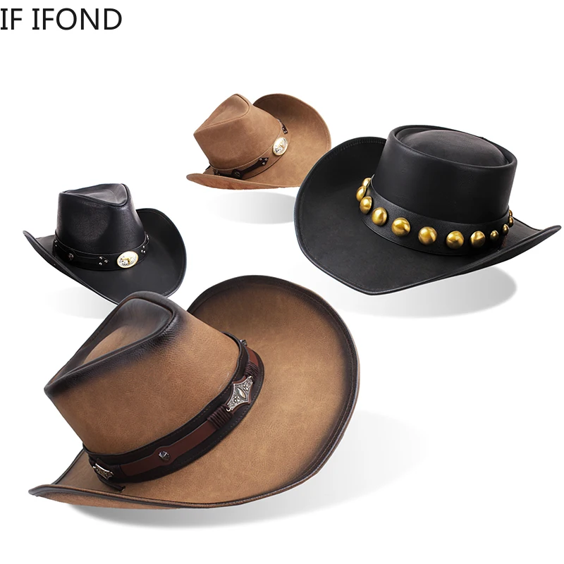 New 100% Leather Men Women Western Cowboy Hat Wide Brim Godfather Hats Gentleman Church Sombrero Hombre Jazz Cap