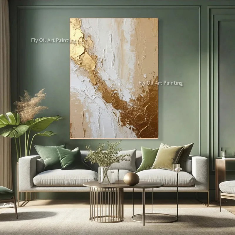 Beige White Gold Canvas Thick Wall Art Abstract Texture Oil Painting Gold Foil Simple Wall Art Decor For Home Entry Hall