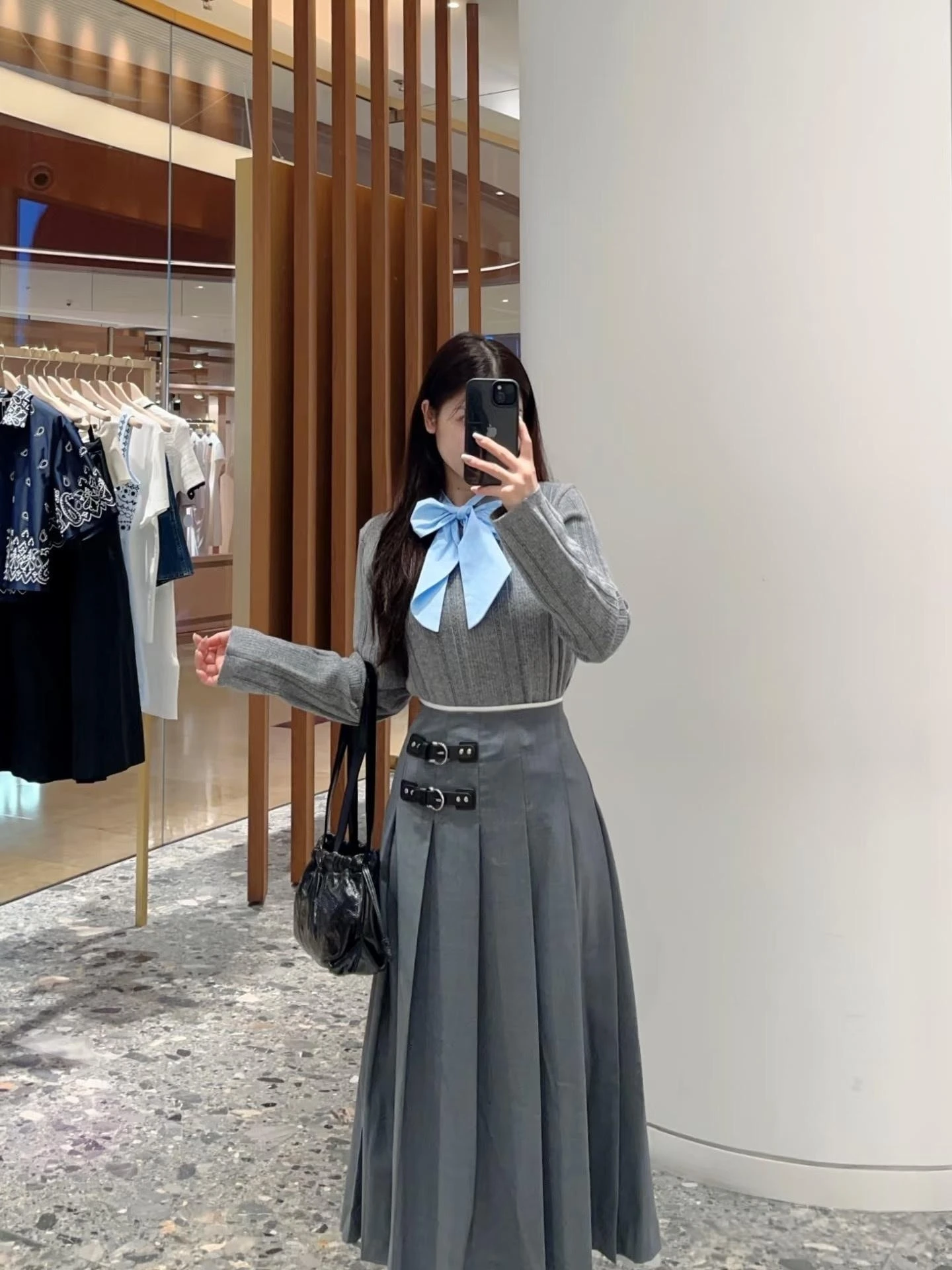 Fashionable Textured Grey Pleated Side Buckle Decorative Midi Skirt High Waist Polyester Fiber A-Line Standard Fit Autumn 2026