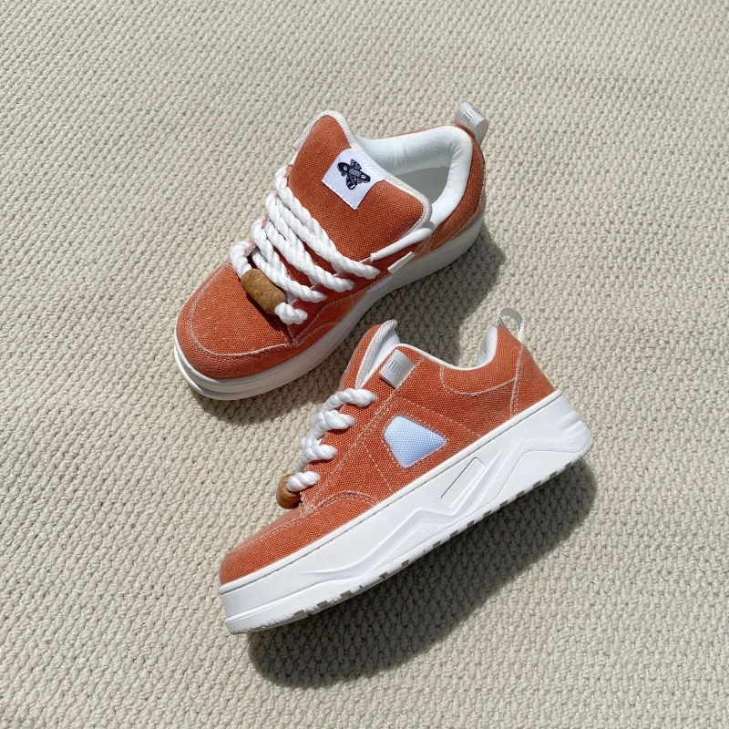 Unisex Orange Canvas Platform Skate Shoes with Thick Sole Height Increasing Large Size Thick Rope Laces Street Footwear Sneakers