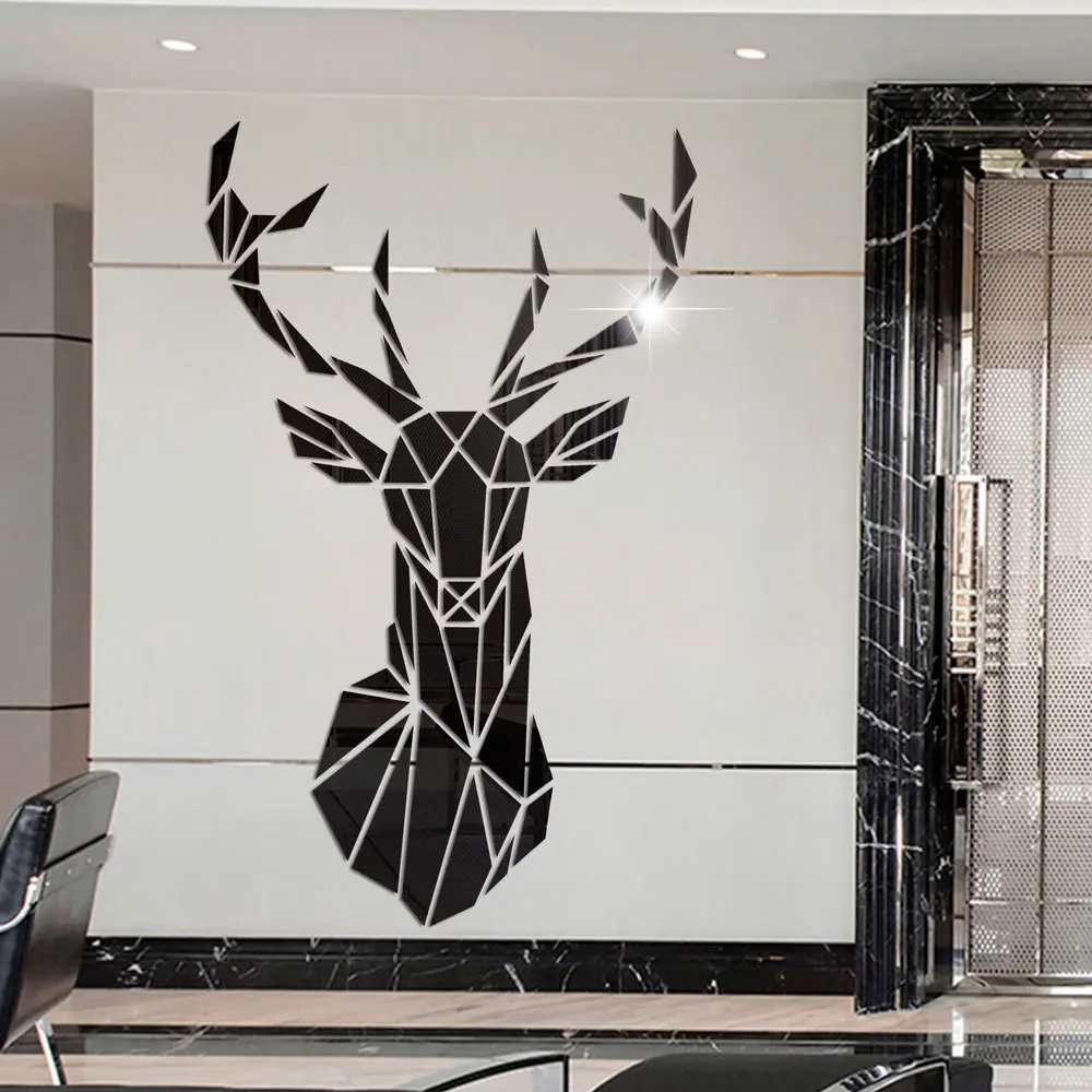 3D Acrylic Deer Head Wall Sticker Home Decor DIY Decorative Mirror Sticker Art Wall 3D Mirror Wall Background Sticker Mural