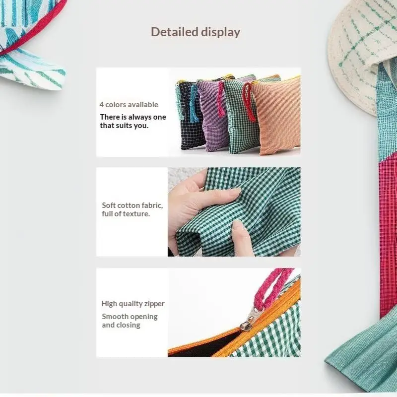 Koreanische karierte Make-up-Tasche aus Baumwolle mit großem Fassungsvermögen, Reißverschluss, Kosmetik-Aufbewahrungstasche, tragbare Reisewaschtasche für Mädchen, Geschenk – Detail 16