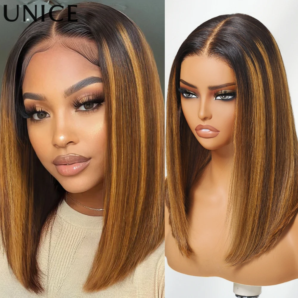 

Unice Hair Pre Cut Pre Bleached 7x5 Glueless Wig Piano Highlight Straight Bob Wig Human With Dark Roots 150% Density