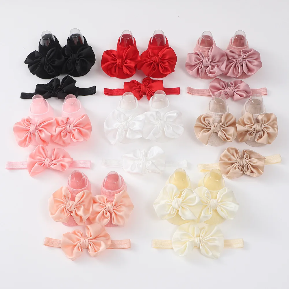 

3Pcs Baby Crown Headbands + Socks Set Kids Newborn Baby Cartoon Socks Anti-slip Floor Sock Shoes Bowknots Socks Baby Gifts 0-2T