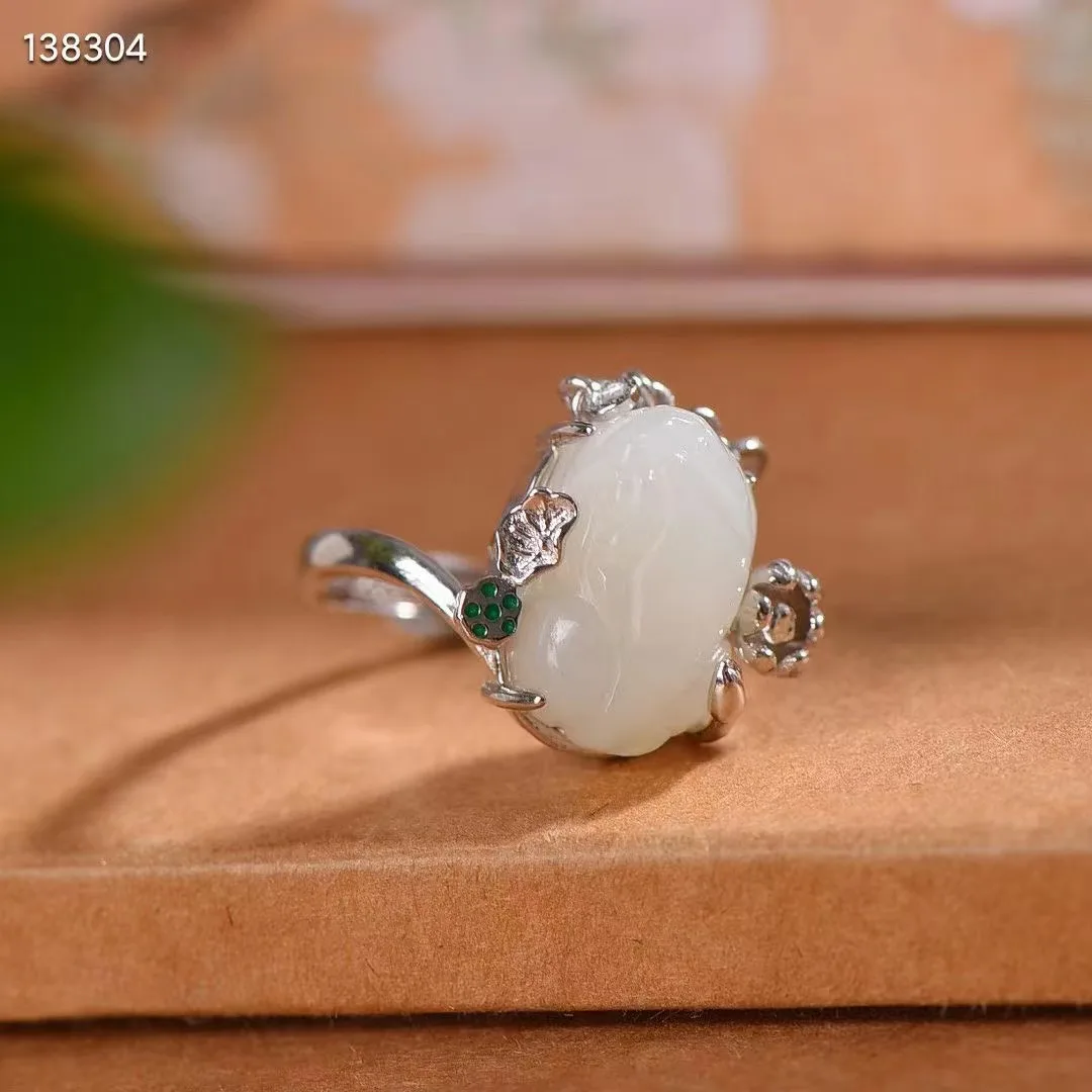 

Natural 100% real 925 sterling silver rings inlaid white hetian jade brave troops Open Ring jade rings for women engagement gift