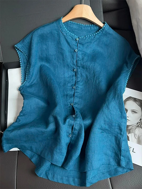 Loose Women's Cotton round Neck Sleeveless Shirt Casual Style Pure Cotton Breathable Comfortable Female Top with Lace Trim