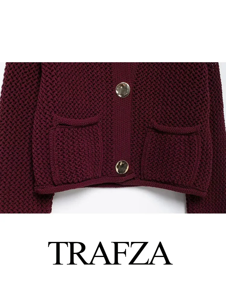 TRAFZA Women Hollow Out Chunky Knitted Cardigans 2024 Female Long Sleeve Metal Buttons Short Sweater Crop Top Knitwear Outerwear