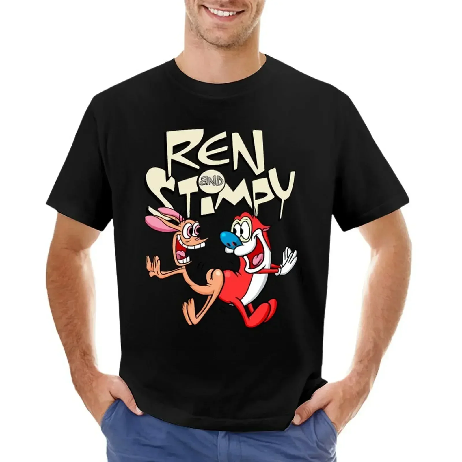 korean fashion vintage summer clothes workout shirts for men Ren and Stimpy T-shirt  COTTON   mens t shirts  graphic t shirts