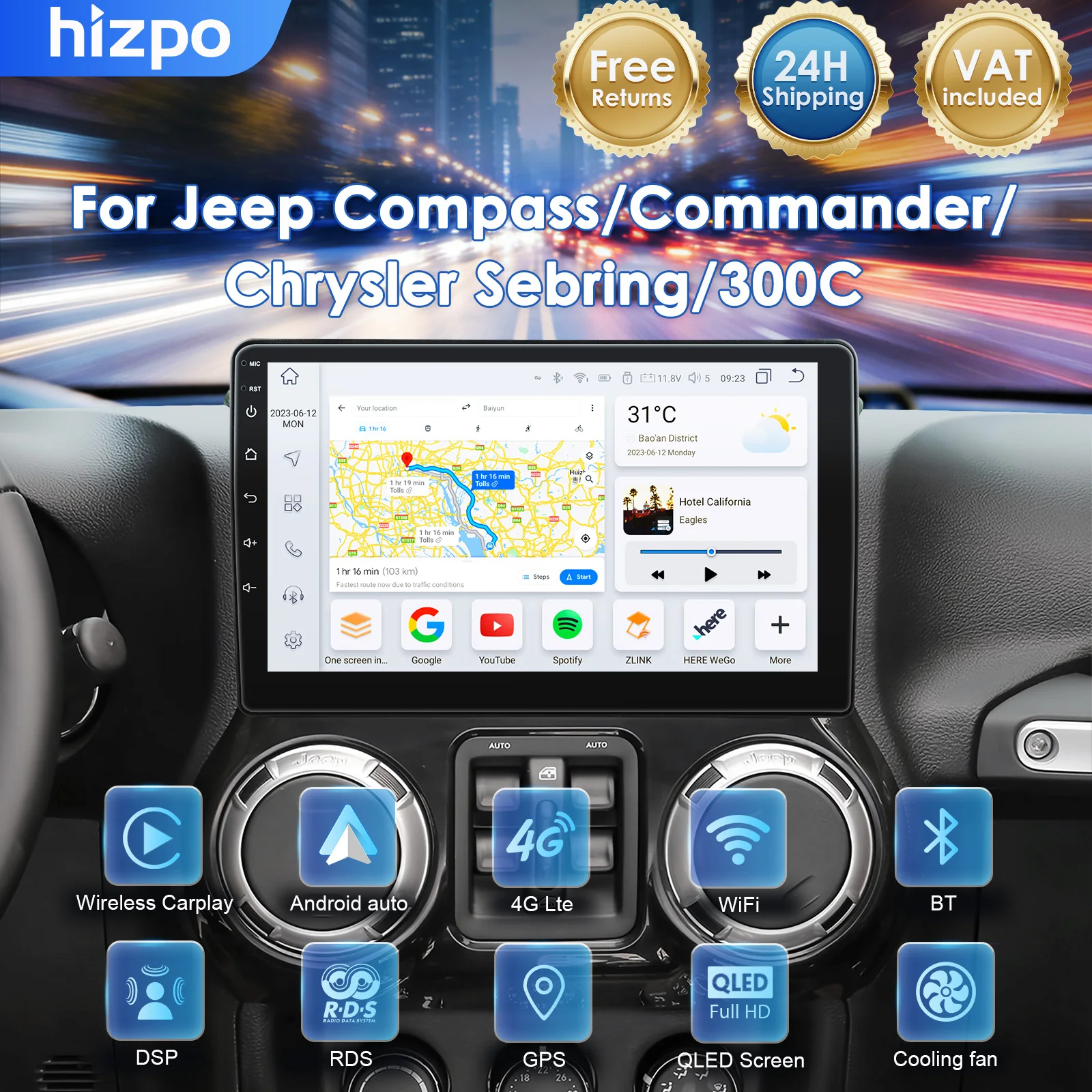 Hizpo 8Core 8G + 128G Autoradio 2 Din pour JEEP Compass Patriot Chrysler 300C Sebring Liberty Dodge Wrangler Autoradio GPS Stéréo WIFI Sans Fil Carplay Android Auto Multimédia 10.1 Pouces