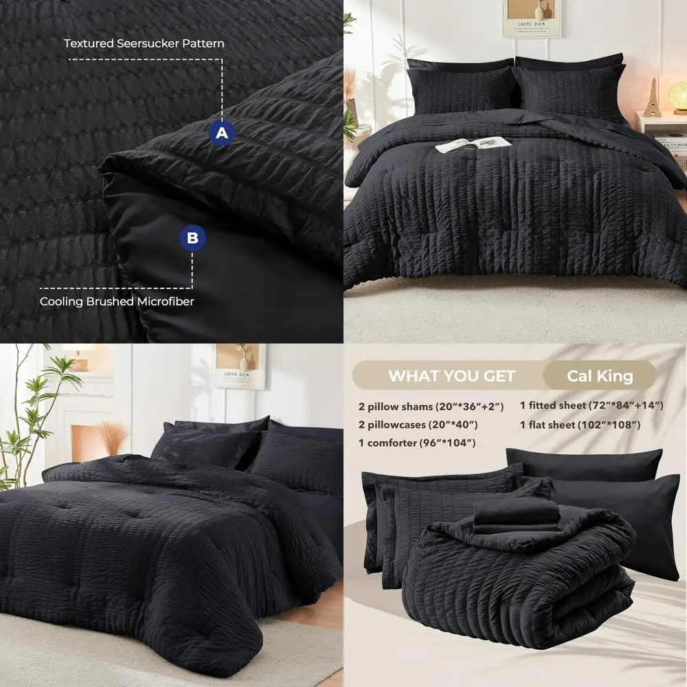 

California King Comforter Set in Seersucker, 7-Piece All-Season Luxury Bedding with Sheets, Pillowcases & Shams