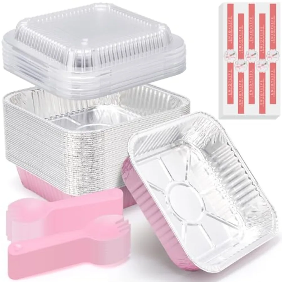 

35 Pack Pink 8x8 Inch Disposable Aluminum Foil PansSquare Cake Pans for Parties, Clear Plastic Lids, Eco-Friendly Baking Trays