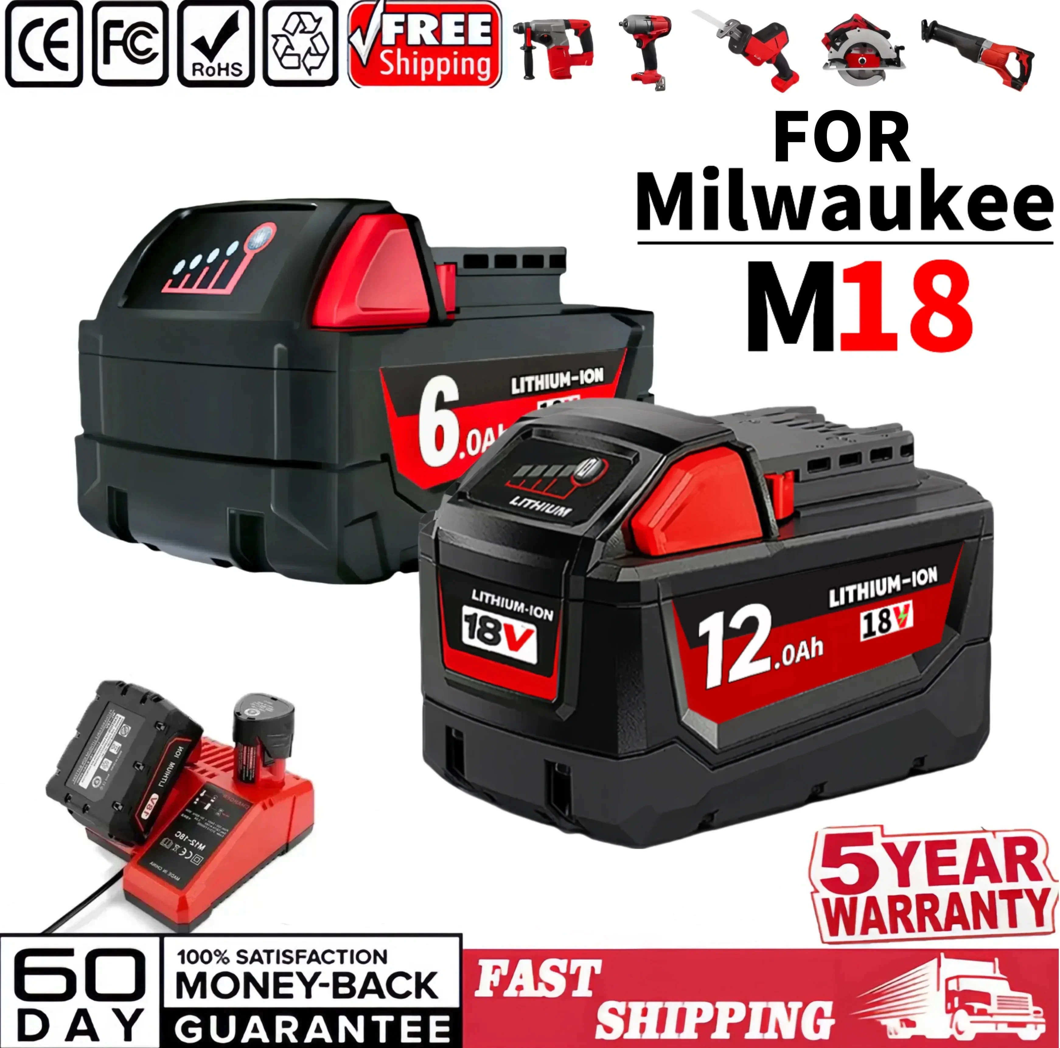 

6,0/12,0 Ач большой емкости для литиевой батареи Milwaukee M18 XC 48-11-1860 48-11-1850 48-11-1840 48-11-1820 перезаряжаемой батареи