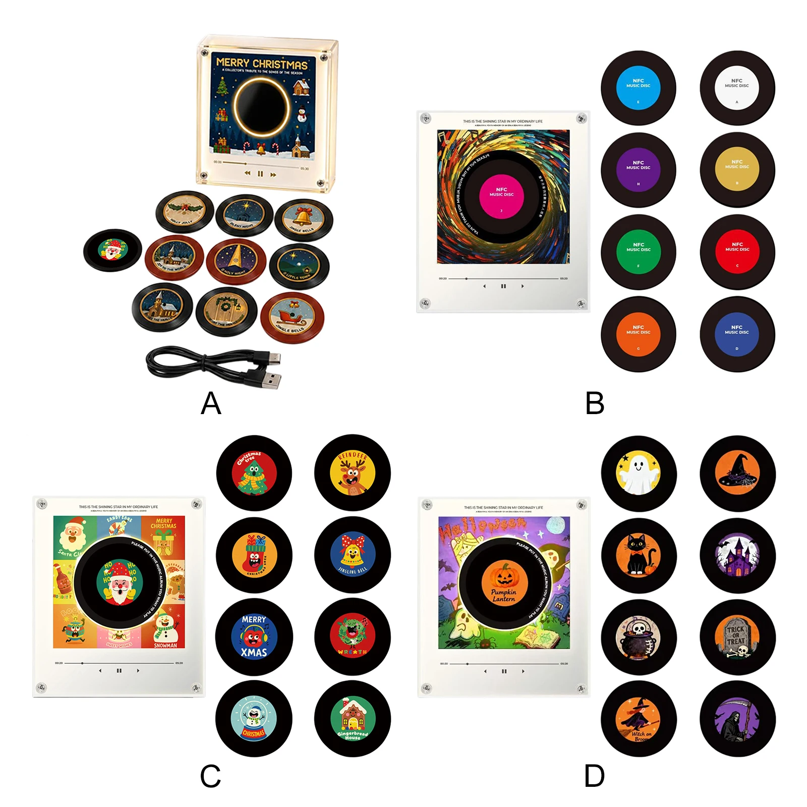 Mini Vinyl Record Player NFC-compatible Rotating LED Night Light Fridge Magnet Retro Turntable Magnetic Base 9 Records