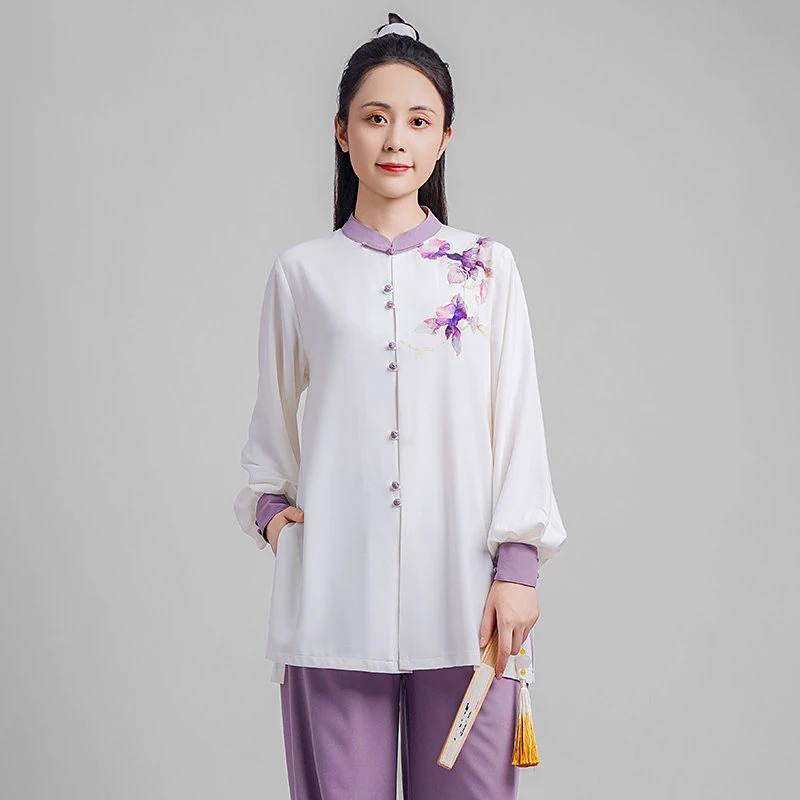 Women's Premium Tai Chi Uniform - Flowy Drapey Printed Outfit, Breathable for Spring Summer Autumn Martial Arts Practice